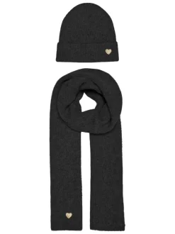 Echarpe noir unie en coffret cadeau avec un bonnet à revers et un cœur brodé