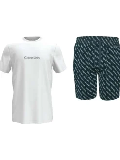 Ensemble de pyjama court blanc fantaisie col rond et logo all-over