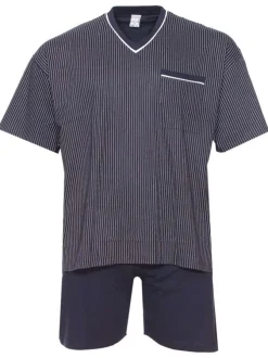 Ensemble de Pyjama court en coton marine rayé à coupe large et un col en V