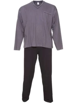 Ensemble de Pyjama long en coton anthracite rayé à coupe large et un col en V