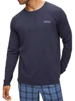Ensemble de pyjama long en twill de coton bleu marine uni à coupe droite ample et col rond