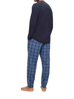 Ensemble de pyjama long en twill de coton bleu marine uni à coupe droite ample et col rond