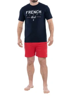 Ensemble pyjama court en coton biologique bleu marine et rouge à coupe fermée, ceinture à lien