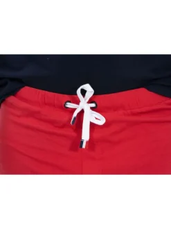 Ensemble pyjama court en coton biologique bleu marine et rouge à coupe fermée, ceinture à lien