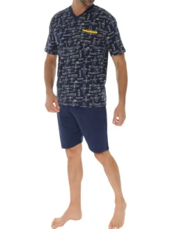 Ensemble pyjama court en coton marine à imprimé avec une coupe droite