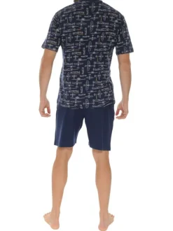Ensemble pyjama court en coton marine à imprimé avec une coupe droite