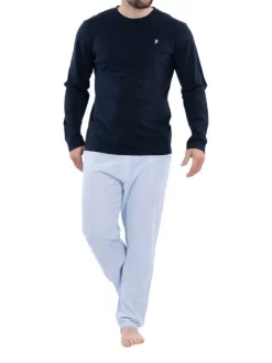 Ensemble pyjama long en coton biologique bleu marine à pantalon motif Vichy ciel à coupe fermée