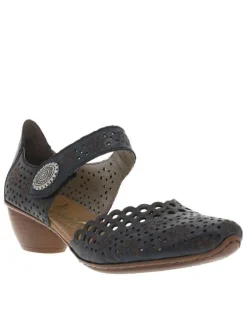 Escarpins en cuir bleu marine à talon bottier avec une bande auto-agrippante