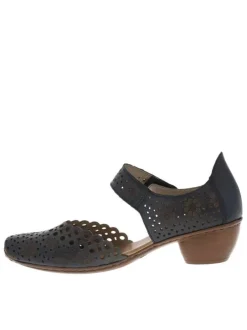Escarpins en cuir bleu marine à talon bottier avec une bande auto-agrippante