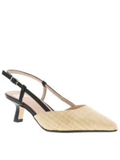 Escarpins talon découvert en cuir aspect raffia beige à talon virgule moyen