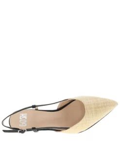 Escarpins talon découvert en cuir aspect raffia beige à talon virgule moyen