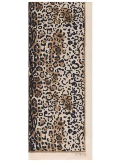 Foulard beige orné d'un motif animalier et du nom de la marque