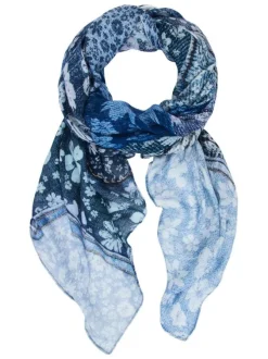 Foulard bleu avec des imprimés floraux blancs et bleus et nom de la marque