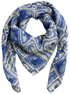 Foulard bleu et écru pourvu d'un imprimé aspect carrelage mosaïque