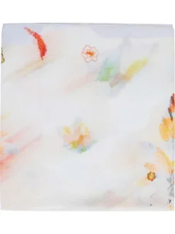 Foulard écru avec différents motifs multicolores et marque cousue