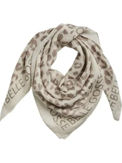 Foulard écru et taupe avec imprimés animaliers et écritures cousues