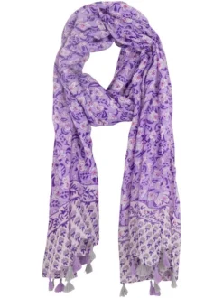 Foulard lilas doux avec un imprimé floral et des petits pompons