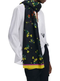 Foulard noir avec fleurs multicolores imprimées, bords jaunes et tissu doux