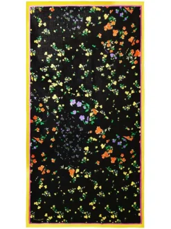 Foulard noir avec fleurs multicolores imprimées, bords jaunes et tissu doux