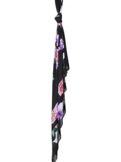 Foulard noir carré à imprimé fleuri violet et rouge et avec le nom de la marque