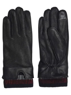 Gants en cuir noirs unis avec poignets en laine aux couleurs de la marque