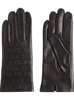 Gants noirs unis aspect cuir avec monogramme inscrit en relief