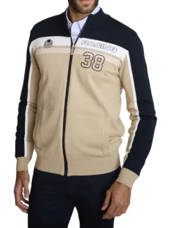 Gilet beige à coupe ajustée pourvu de manches longues tricolores