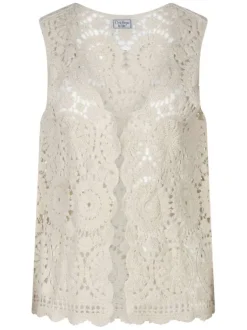 Gilet beige en maille ajourée en coton avec une coupe droite et un col v