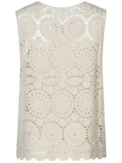 Gilet beige en maille ajourée en coton avec une coupe droite et un col v