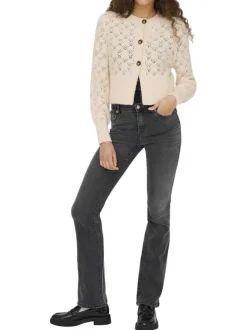Gilet beige en maille ajourée pourvu d'un col rond et de manches longues