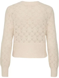 Gilet beige en maille ajourée pourvu d'un col rond et de manches longues