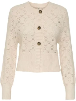 Gilet beige en maille ajourée pourvu d'un col rond et de manches longues