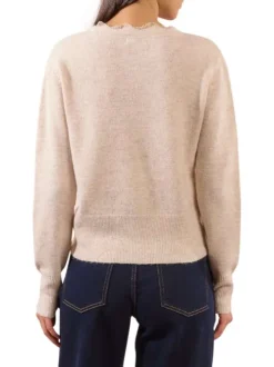Gilet beige en maille fine avec un col v en dentelle et des manches longues
