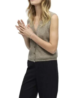 Gilet beige en maille tricotée sans manches pourvu d'un col v