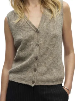 Gilet beige en maille tricotée sans manches pourvu d'un col v