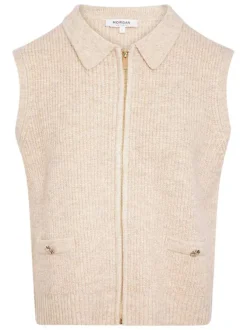 Gilet beige uni avec une coupe droite et un col à revers avec zip