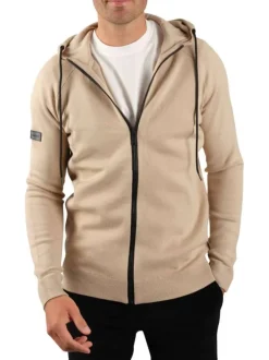Gilet beige uni à capuche avec une double fermeture zippée et des cordons
