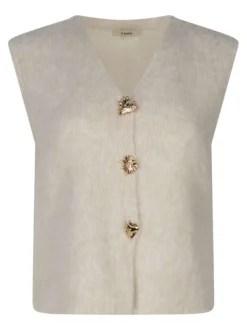 Gilet beige uni à coupe droite avec un col v et des boutons métalliques dorés