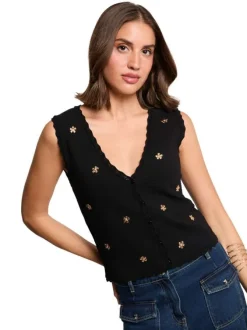 Gilet black uni chic pourvu d'une coupe droite et d'un col en V
