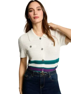 Gilet blanc rayé à coupe droite, col à revers et à manches longues avec poches