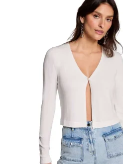 Gilet blanc uni à coupe droite avec un col v et des manches longues