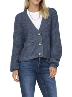Gilet bleu uni avec un col v à coupe droite et des manches longues
