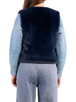 Gilet bleu uni fourrure synthétique avec une coupe droite et un col V