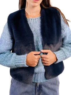 Gilet bleu uni fourrure synthétique avec une coupe droite et un col V