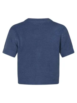 Gilet bleu uni pourvu d'une coupe droite et de boutons dorés