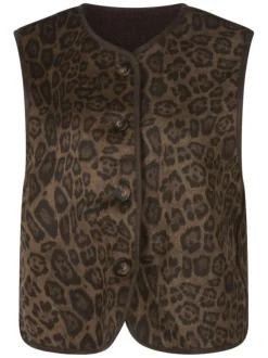 Gilet chocolat motif léopard avec col v, sans manches et intérieur doux