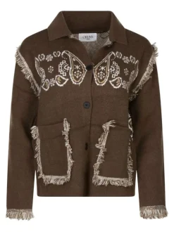 Gilet chocolat motifs cachemire avec une coupe droite et un col à rabats