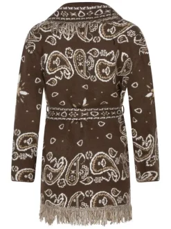 Gilet chocolat motifs cachemire avec une coupe droite et un col V à revers