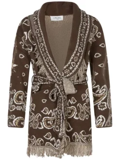 Gilet chocolat motifs cachemire avec une coupe droite et un col V à revers