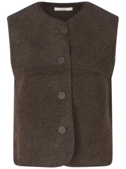 Gilet chocolat uni col rond sans manches avec des boutons tons sur tons